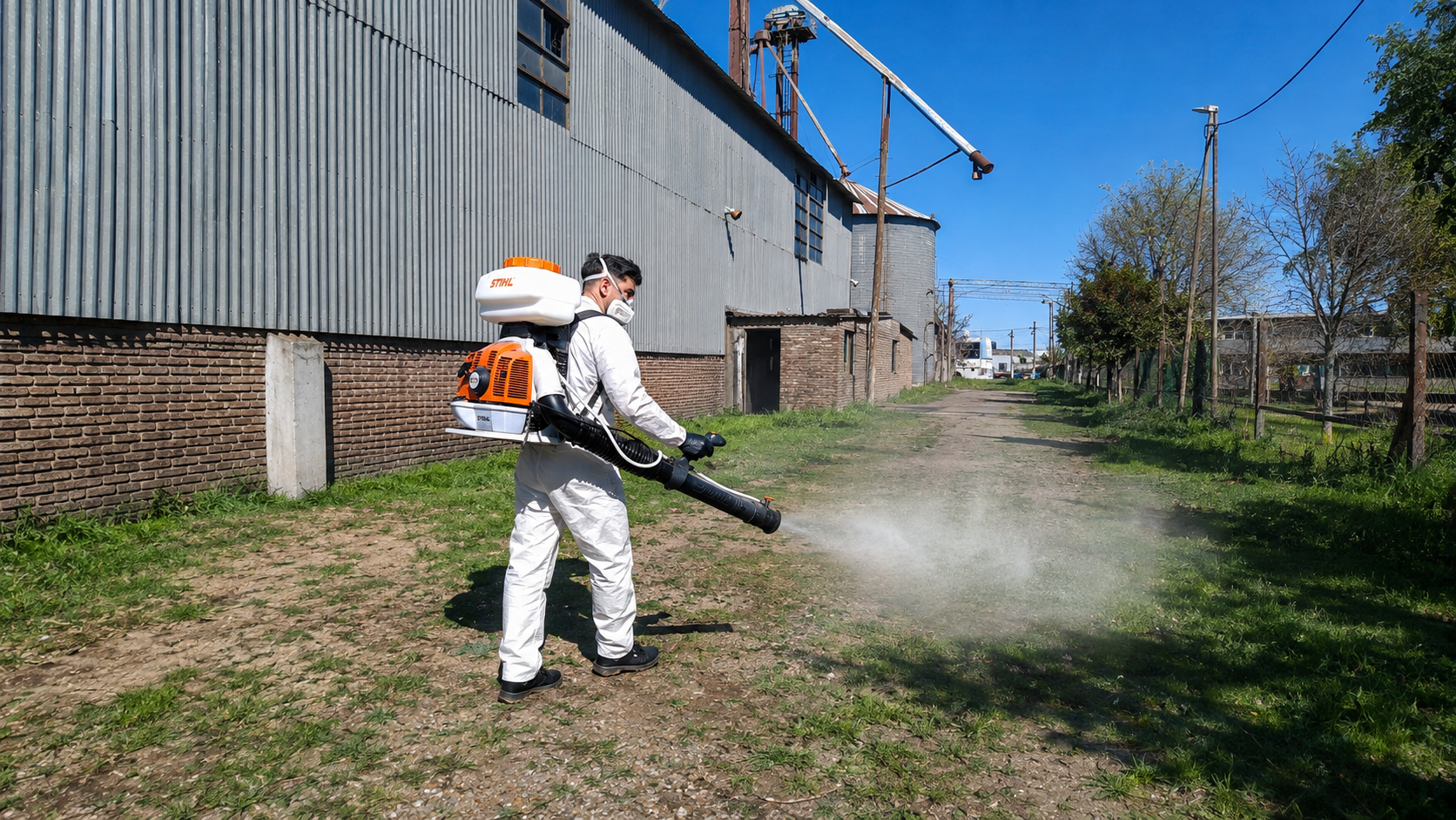 Técnico de ZERO PLAGAS realizando un trabajo de pulverización en una industria